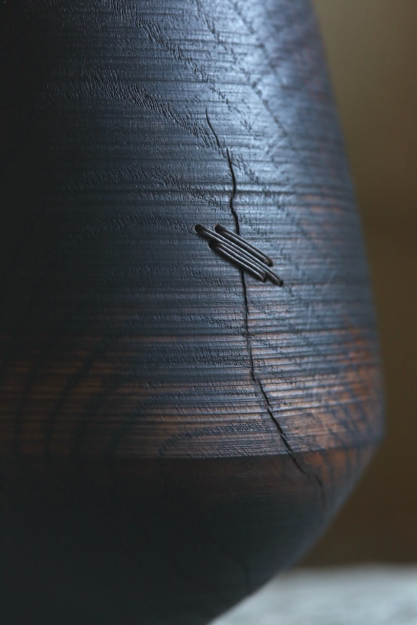 03 - Tall Leathered Oak Etruscan Vessel with Stitch-Work Repair